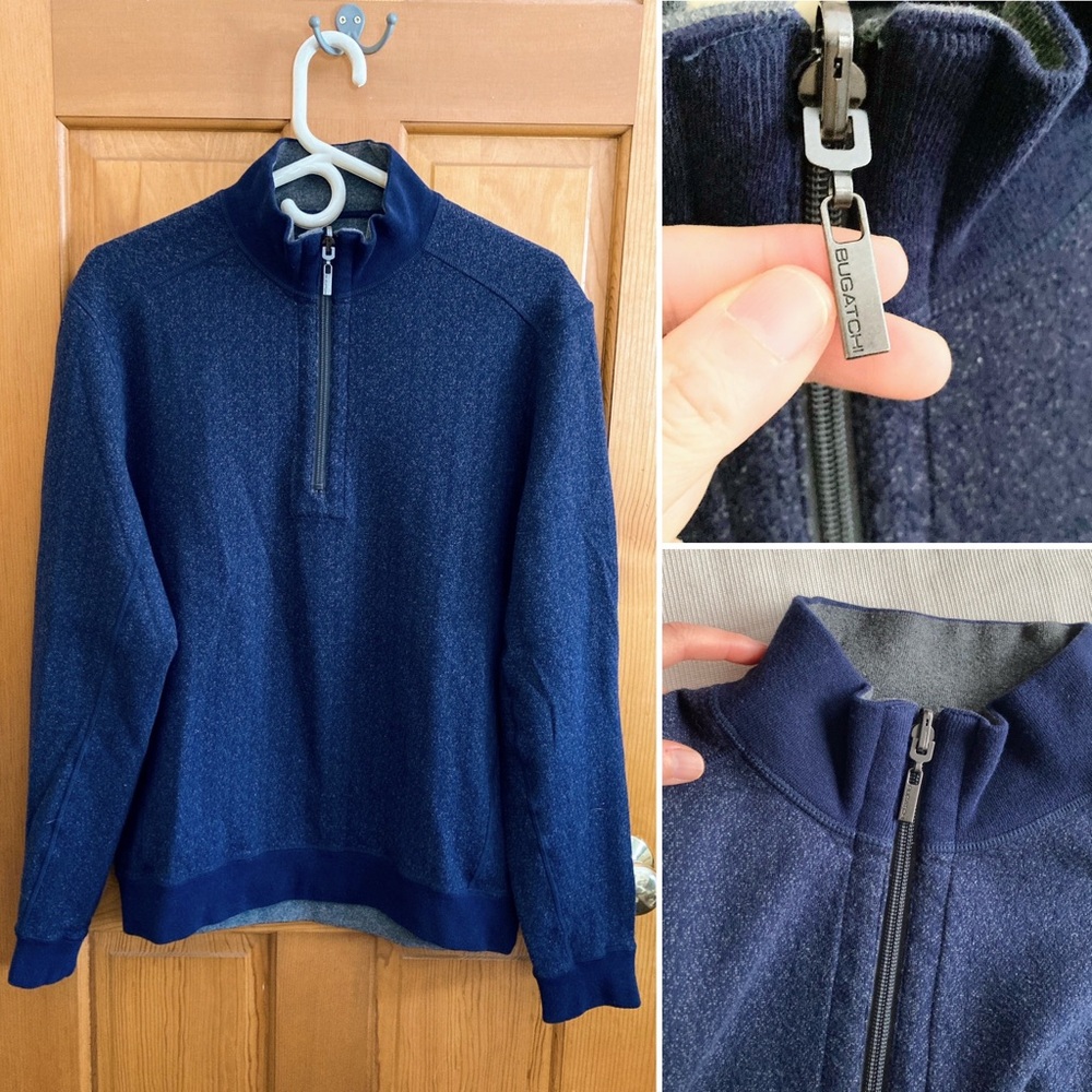 Bugatchi Men's Blue Quarter Zip Sweater Medium